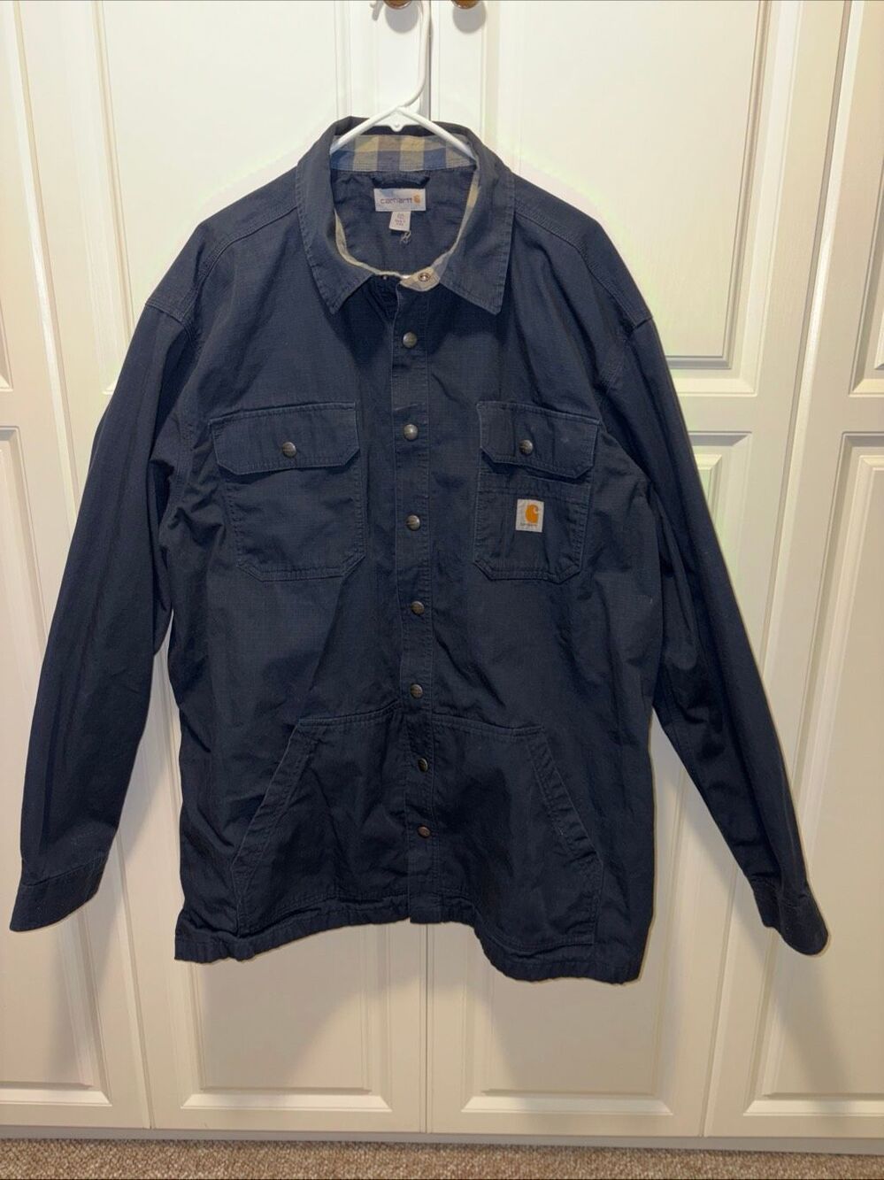 Carhartt Jacket Mens 2X Navy Blue 104146 ARG Ripstop Flannel Lined Chore Snap